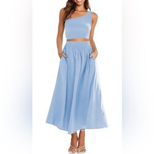 ANRABESS Women's 2 Pieces Outfits One Shoulder Smocked Crop Top & Long Skirt